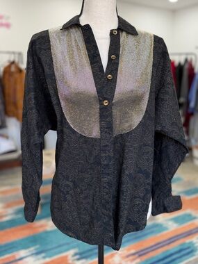 Vintage Handmade Black and Gold Western Patterned Button Down Shirt Rodeo